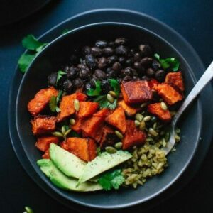 Sweet potato and Green rice burrito bowl