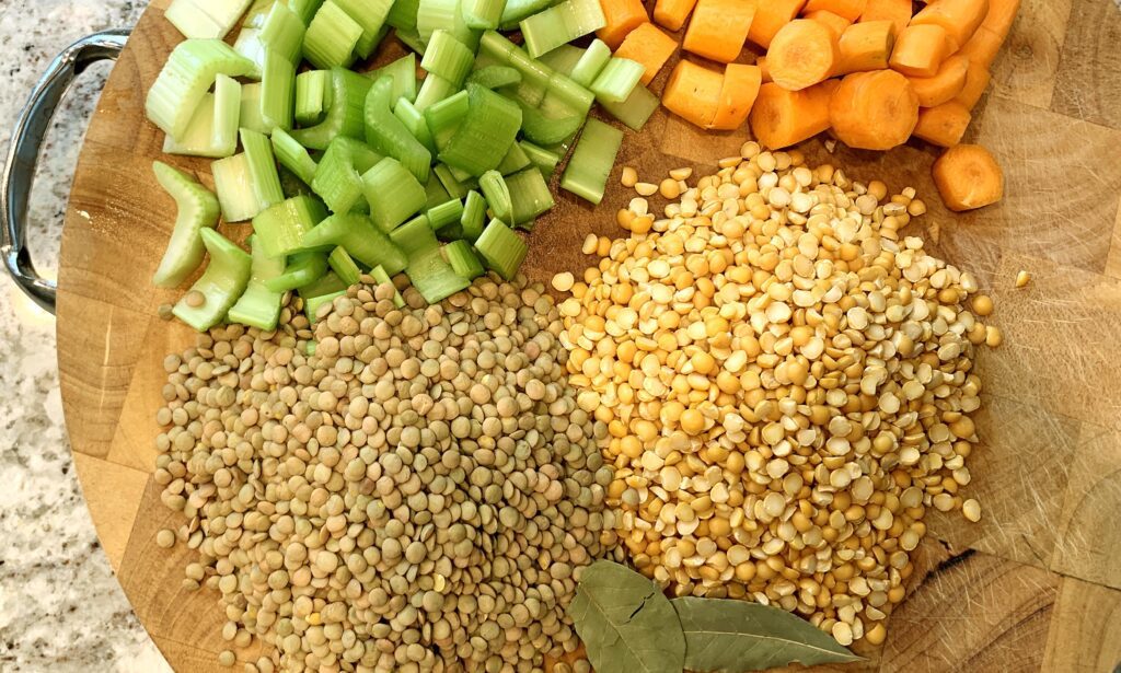 lentil soup has carrots, celery, lentils and peas as a base.