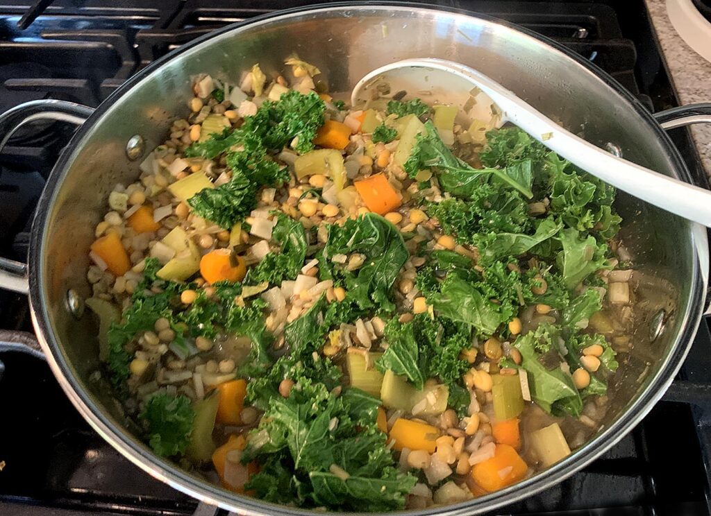 lentil soup ingredients in pot 